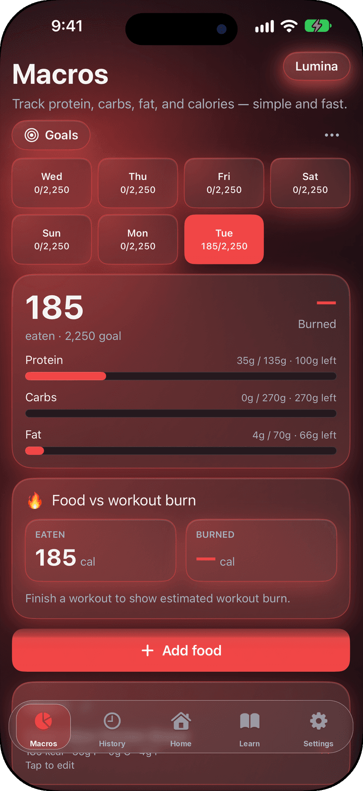 Macros screen for logging a meal and daily targets