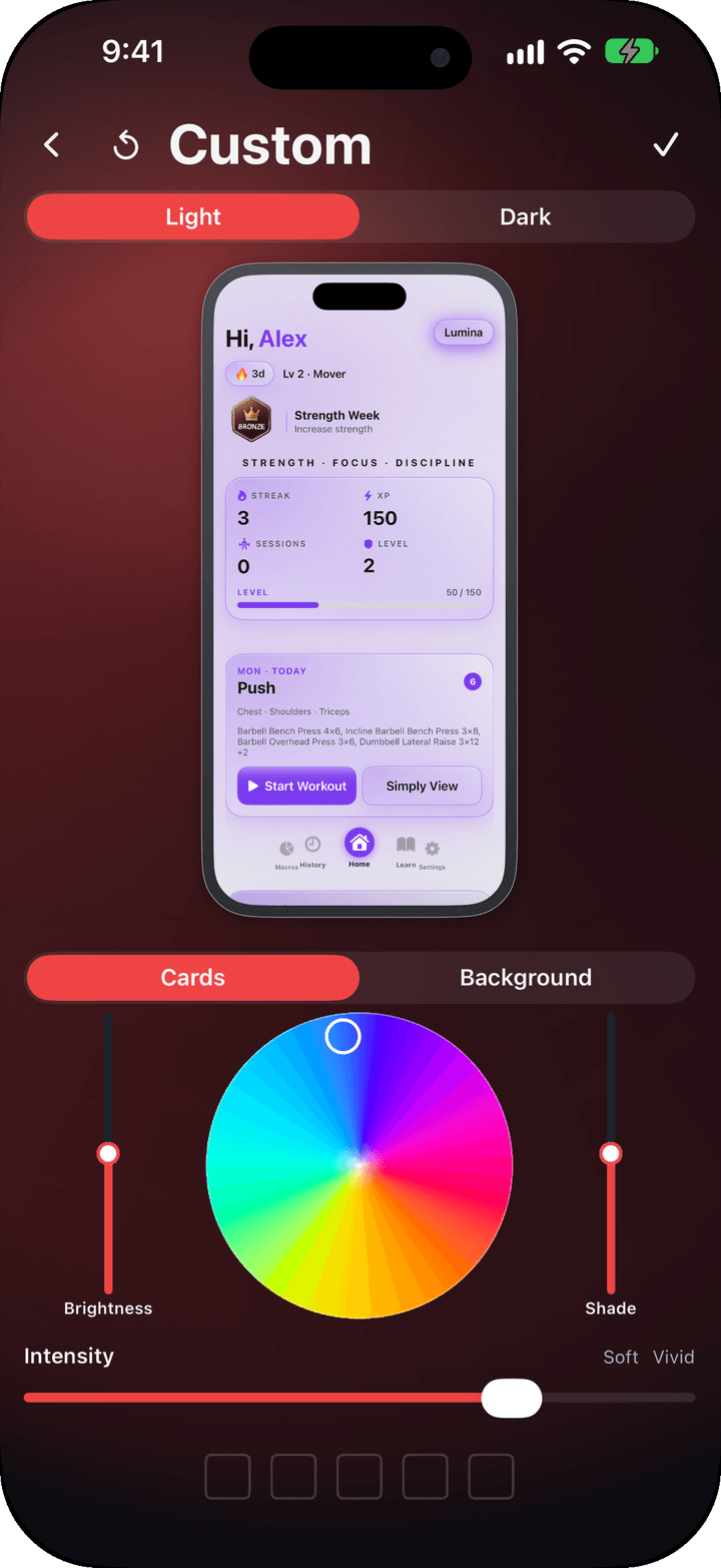 Appearance screen for choosing a theme and colors