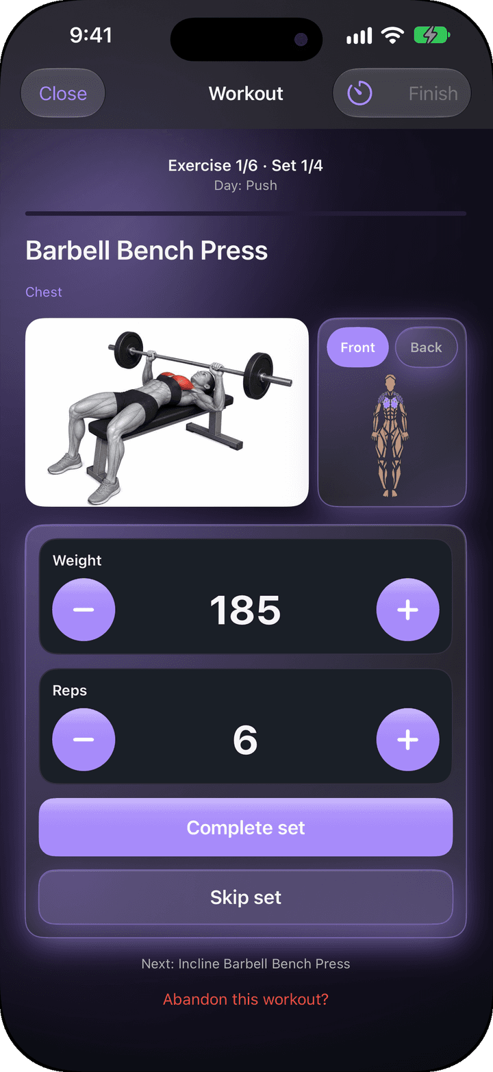 Workout logging screen