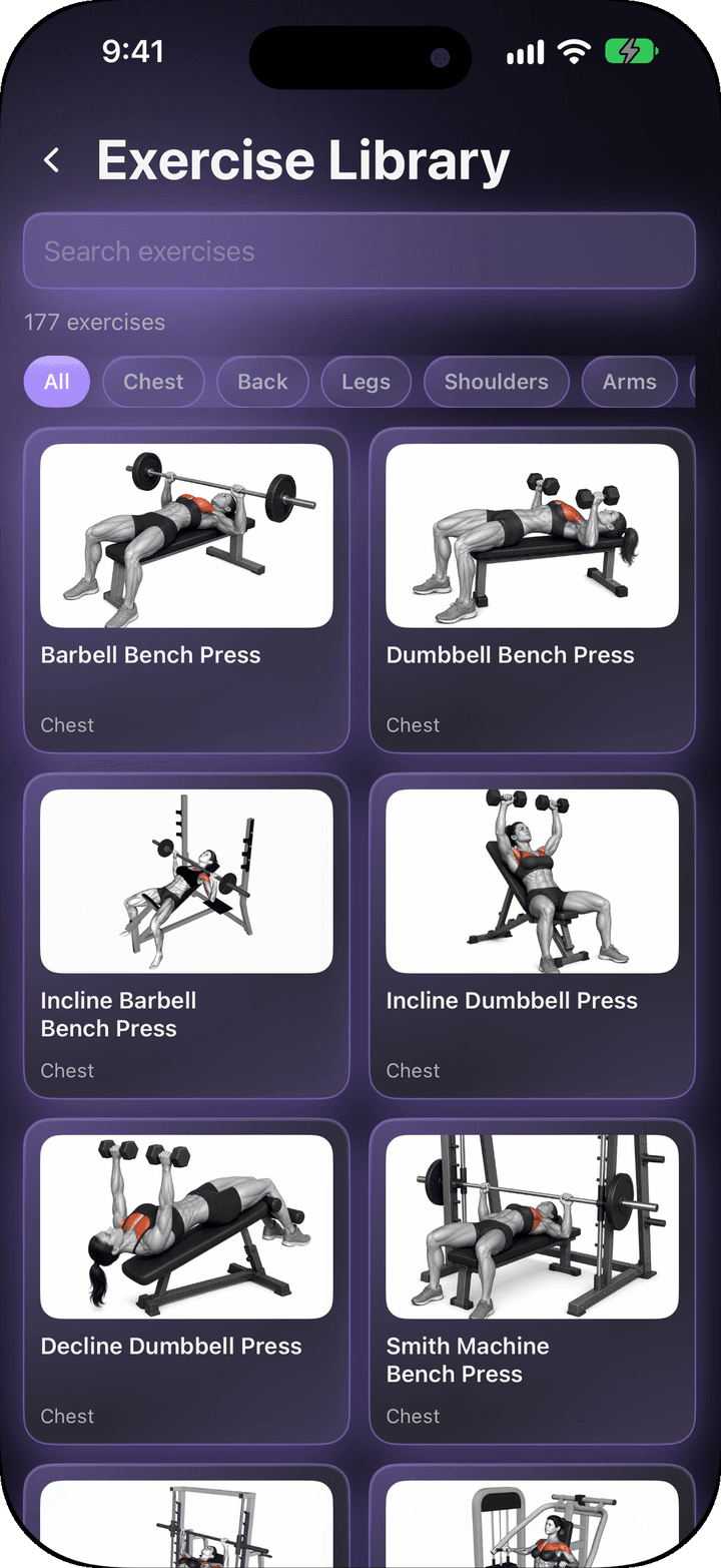 Exercise library with a clear photo and simple steps
