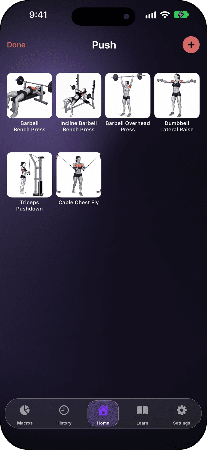 Simply View showing the day's exercises in one view