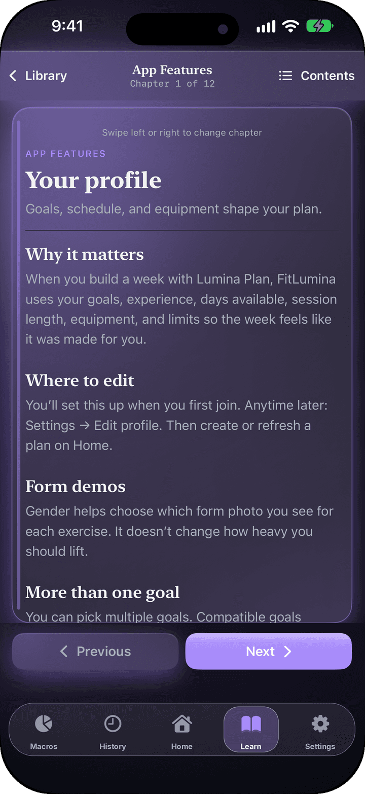 A Learning Books guide open in FitLumina
